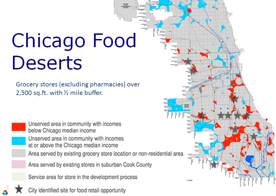 image showing regions that lack stores larger than 2,500 feet in Chicago--food deserts