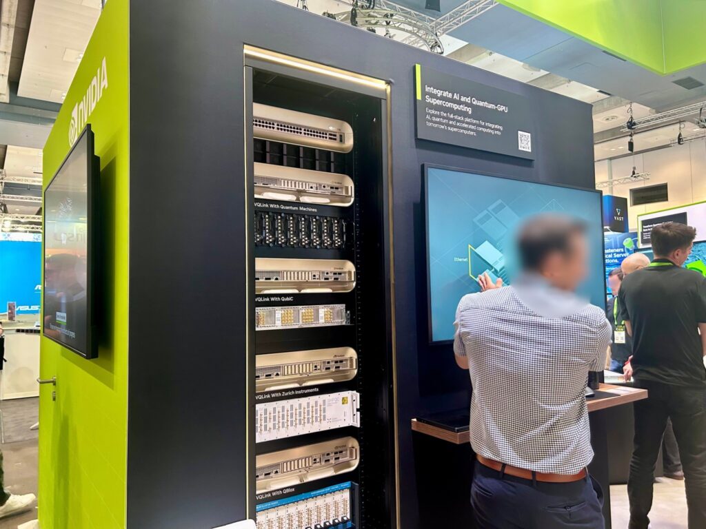 Representative model of NVIDIA's NVQLink, the interconnect linking quantum processors with NVIDIA GPU systems, exhibited at the NVIDIA booth during ISC 2026.